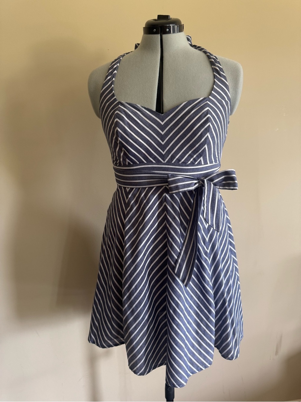BCX Navy & White Striped Halter Fit-and-Flare Dress with Waist Tie - size 11